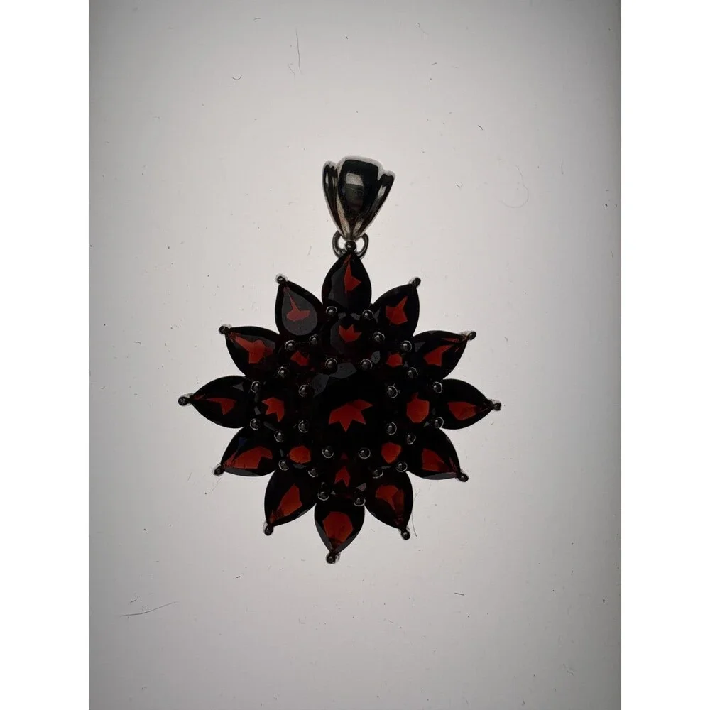 Estate Large Sterling Silver Garnet Pear & Round Cut Sunburst Pendant 14.24cttw
